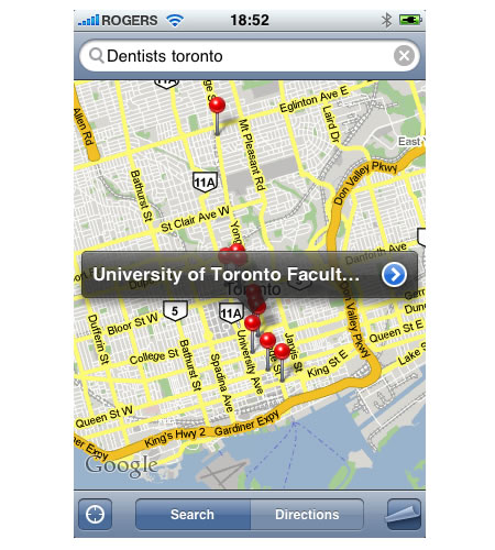 First we try Google Maps – “dentists in Toronto” search on Map view.